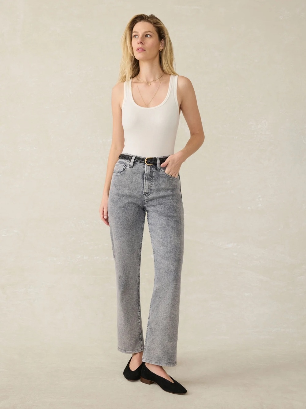 FAHERTY • Slim Straight Sunwashed Denim - Washed Black size 26 gray stretch